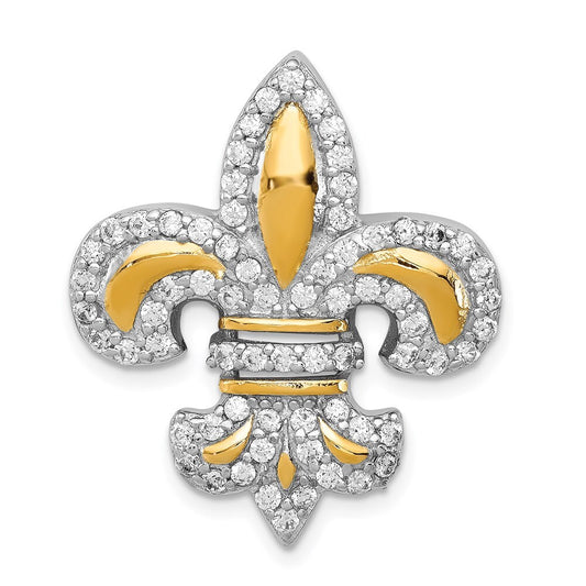 Sterling Silver Cubic Zirconia Fleur de Lis Gold-Plated Chain Slide Pendant
