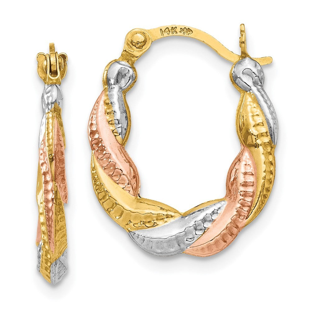 14k Yellow Gold & White and Rose Rhodium Hollow Scalloped Hoop Earrings