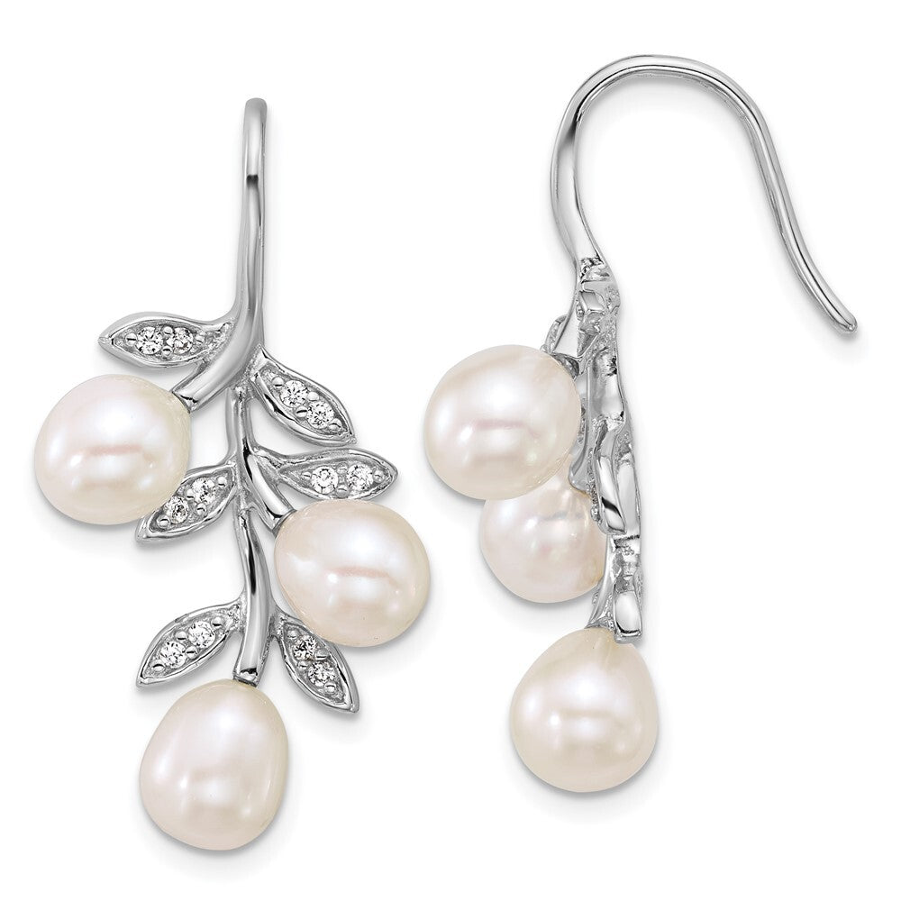 Sterling Silver White Rice Cultured Pearl & Cubic Zirconia Leaf Earrings