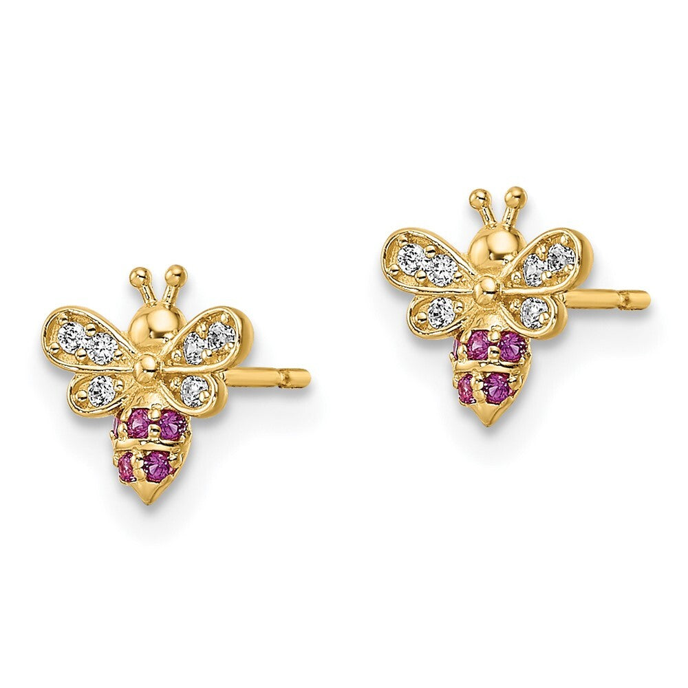 14k Yellow Gold Clear & Red Cubic Zirconia Bee Stud Earrings Gift for Women