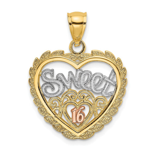 14k Two-tone Gold White Rhodium SWEET 16 In Heart Charm Pendant