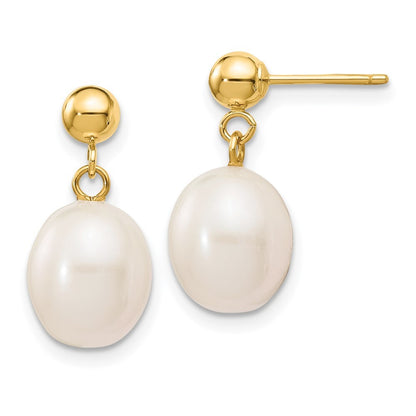 14k Yellow Gold 8-9mm White Rice Freshwater Cultured Pearl Dangle Earrings