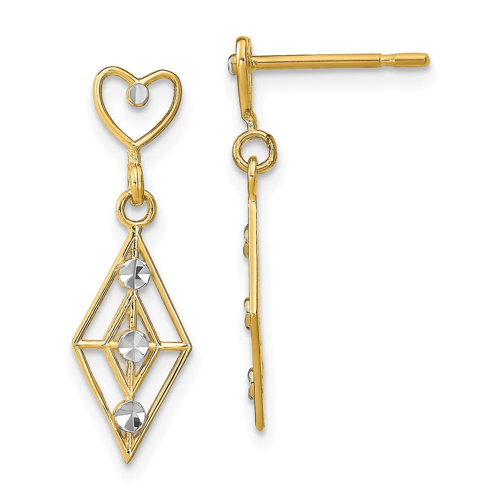 14k Yellow Gold w/RH Dia.-cut Diamond Shape Heart Dangle Earrings