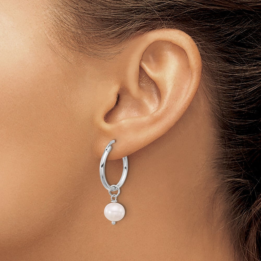 Sterling Silver 8-9mm White Near-Round Cultured Pearl Dangle Hoop Earrings