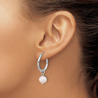 Sterling Silver 8-9mm White Near-Round Cultured Pearl Dangle Hoop Earrings