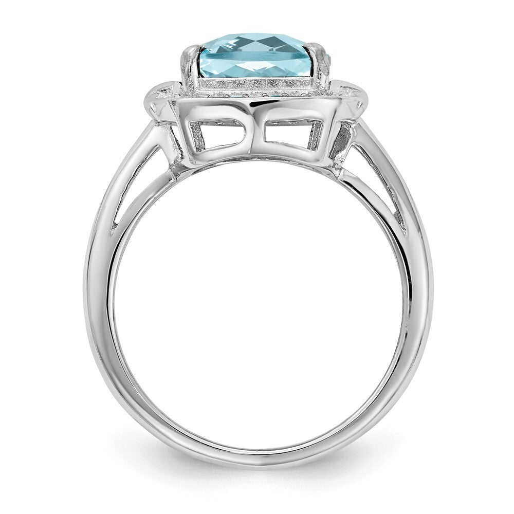 Sterling Silver Rhodium Diamond & Checker-Cut Sky Blue Topaz Ring Size 7
