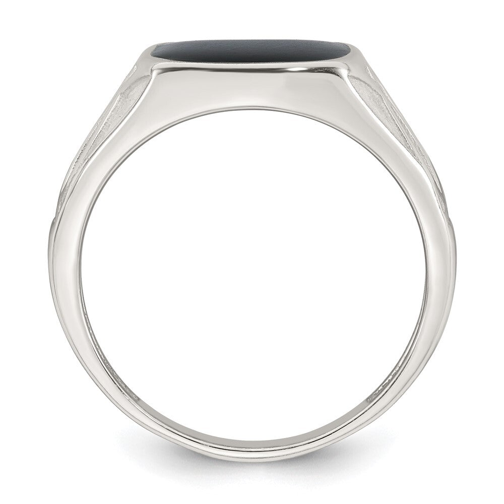 Sterling Silver Polished and Textured Black Enamel Men's Signet Ring Size 10