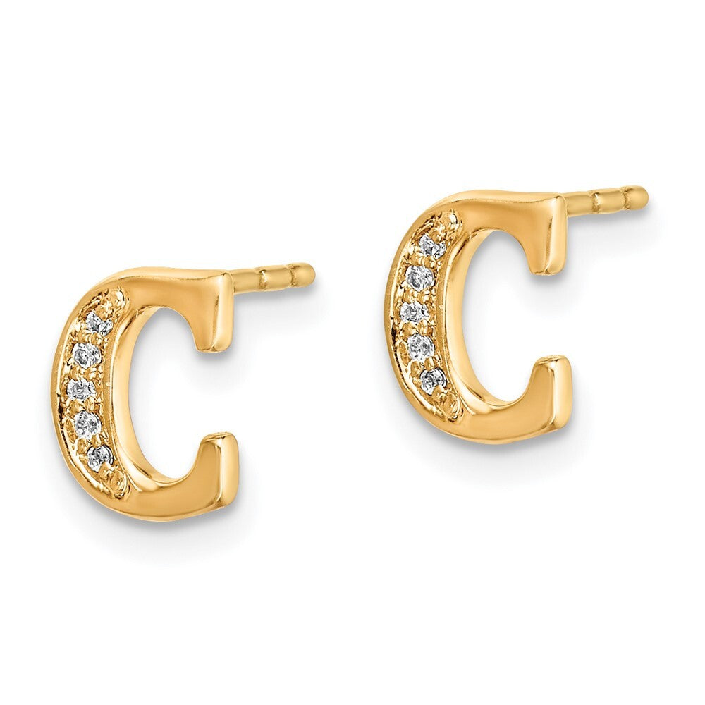 14k Yellow Gold Diamond Initial C Stud Earrings Gift for Women