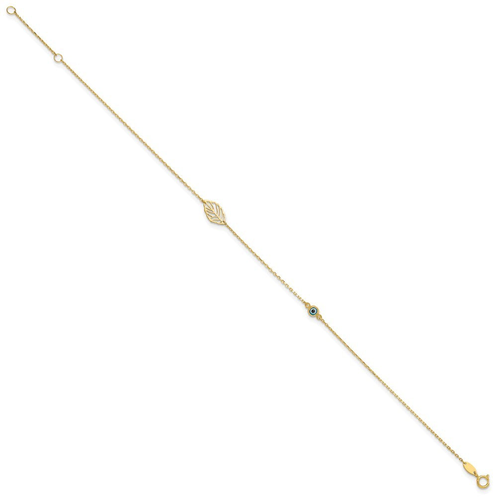 14k Yellow Gold Leaf and Glass Eye Bead 10" Anklet