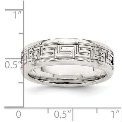 Sterling Silver 6mm Polished Flat Greek Key Beveled Edge Band Ring Size 10