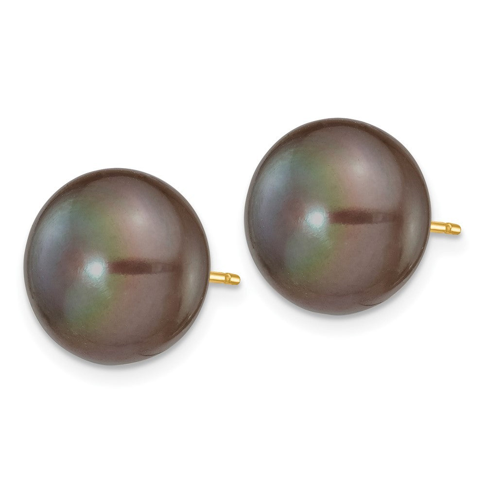 14k Yellow Gold 11-12mm Black Button Freshwater Cultured Pearl Stud Earrings