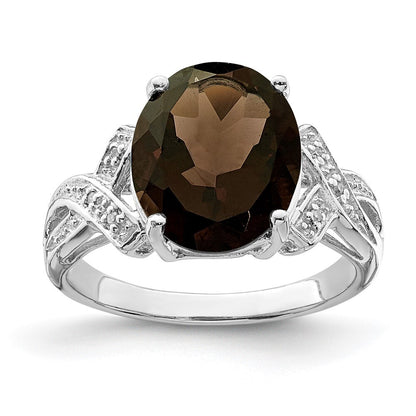 Sterling Silver Rhodium Smoky Quartz Diamond Ring Size 6