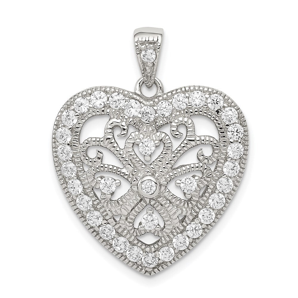 Sterling Silver Rhodium-plated Cubic Zirconia Filigree Heart Pendant