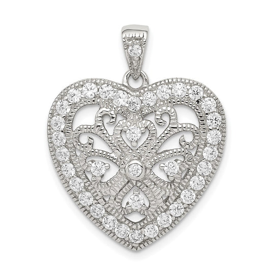 Sterling Silver Rhodium-plated Cubic Zirconia Filigree Heart Pendant
