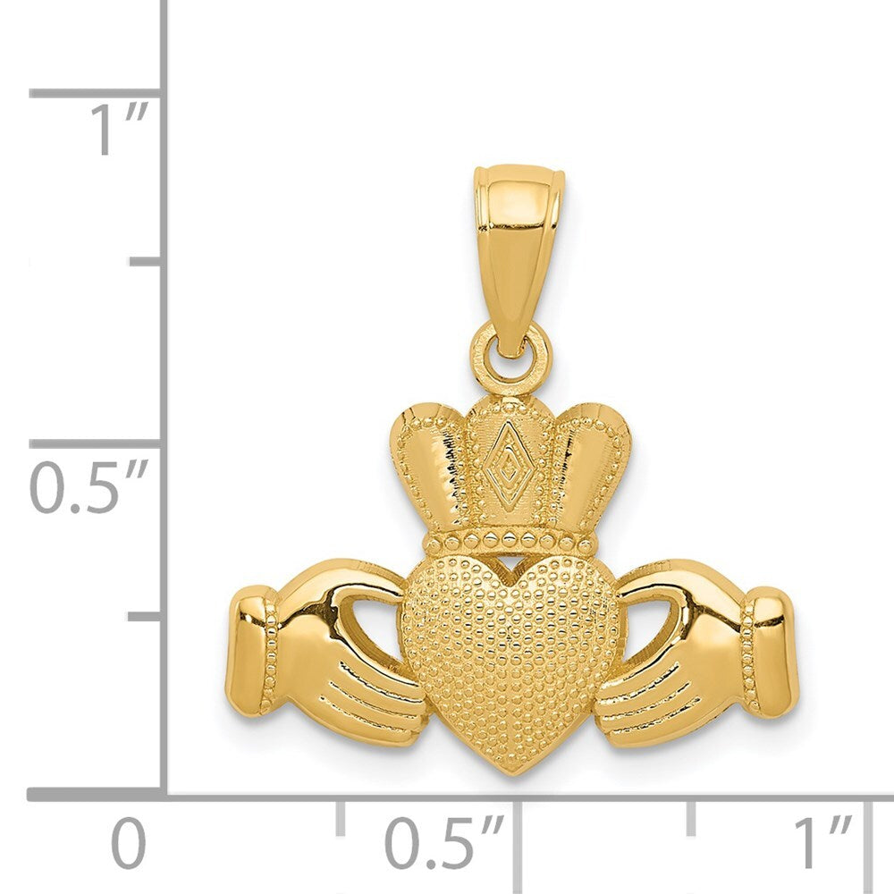 14k Yellow Gold Claddagh Pendant with Textured Crown for Women