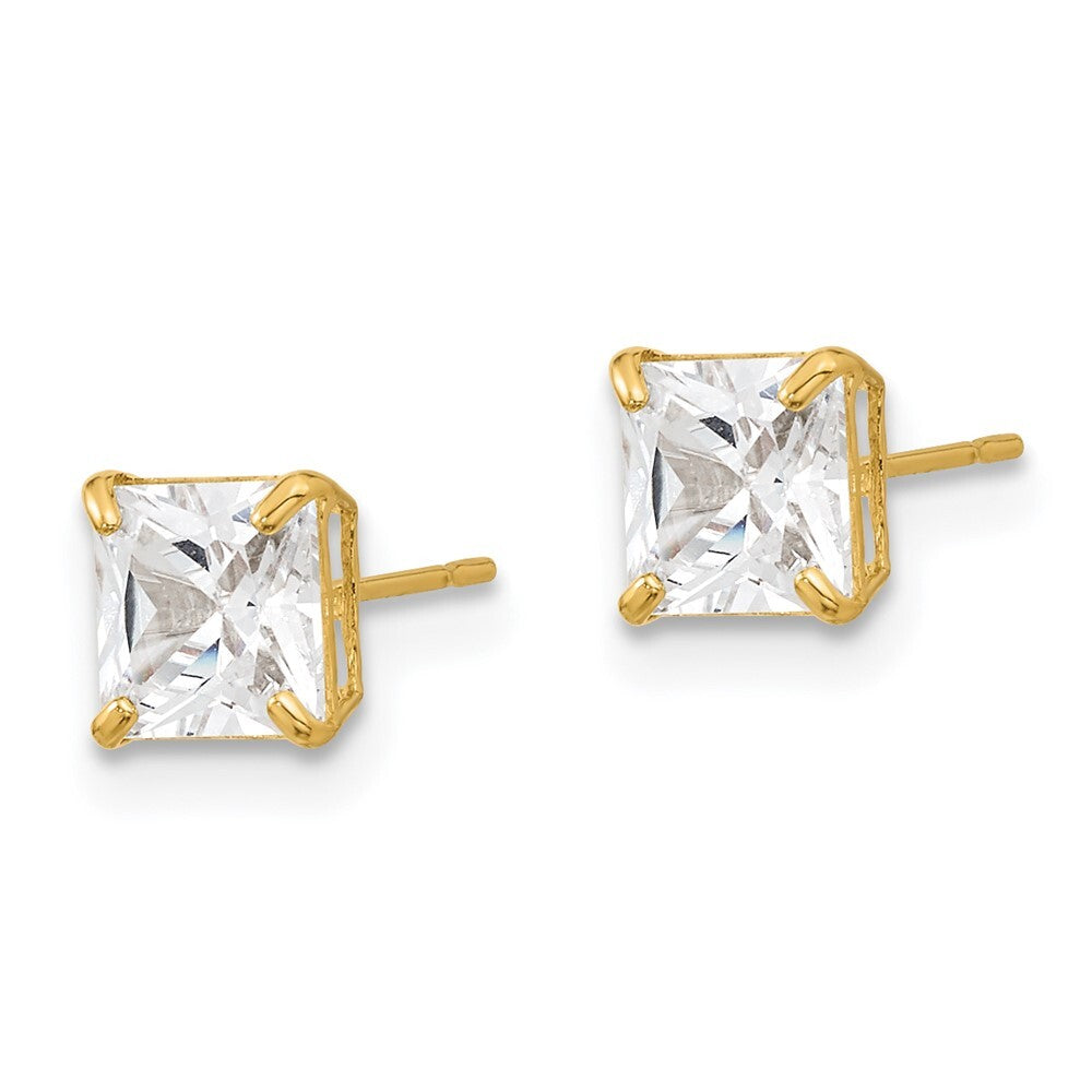 14k Yellow Gold 5mm Square Cubic Zirconia Basket Set Stud Earrings