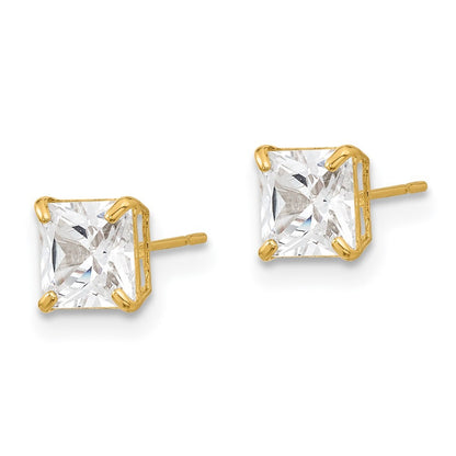 14k Yellow Gold 5mm Square Cubic Zirconia Basket Set Stud Earrings