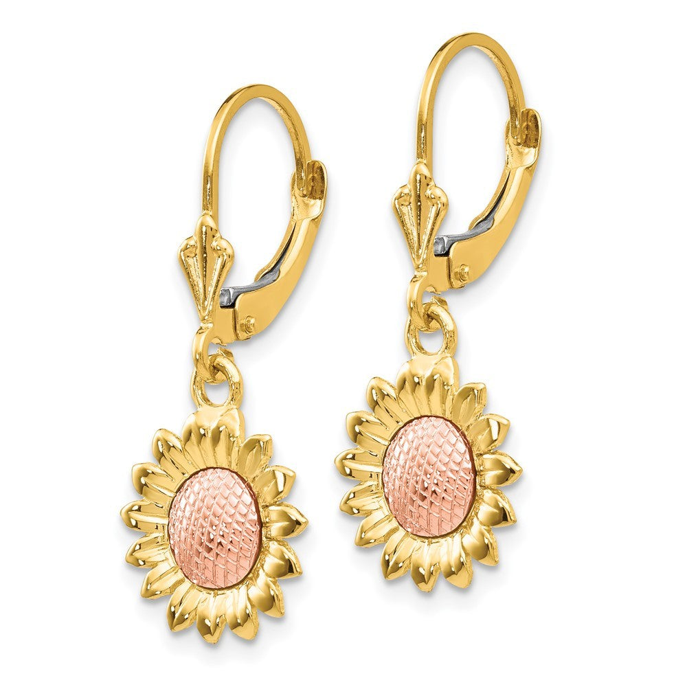 14k Two-tone Polished Sunflower Drop Dangle Earrings