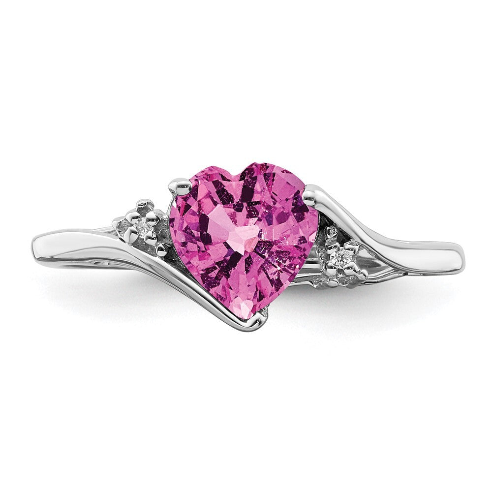 14k White Gold Created Pink Sapphire and Diamond Heart Ring Size 7