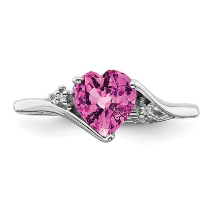 14k White Gold Created Pink Sapphire and Diamond Heart Ring Size 7
