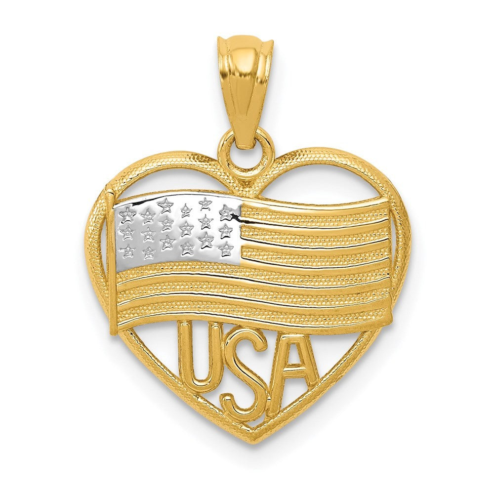 14k Yellow Gold w Rhodium Polished American Flag USA in Heart Pendant