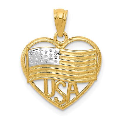 14k Yellow Gold w Rhodium Polished American Flag USA in Heart Pendant
