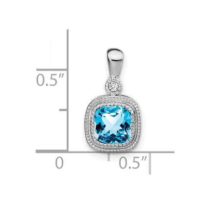 14k White Gold 6mm Cushion Blue Topaz and Diamond Pendant