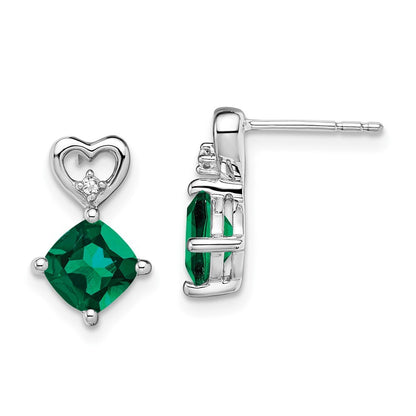 14k White Gold Created Emerald and Diamond Heart Drop & Dangle Earrings