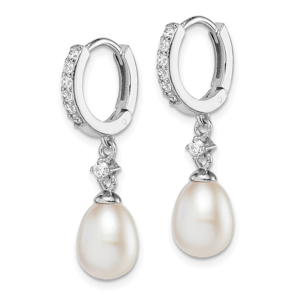 Sterling Silver 7-8mm White Cultured Pearl & Cubic Zirconia Hoop Dangle Earrings