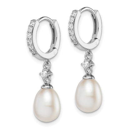 Sterling Silver 7-8mm White Cultured Pearl & Cubic Zirconia Hoop Dangle Earrings