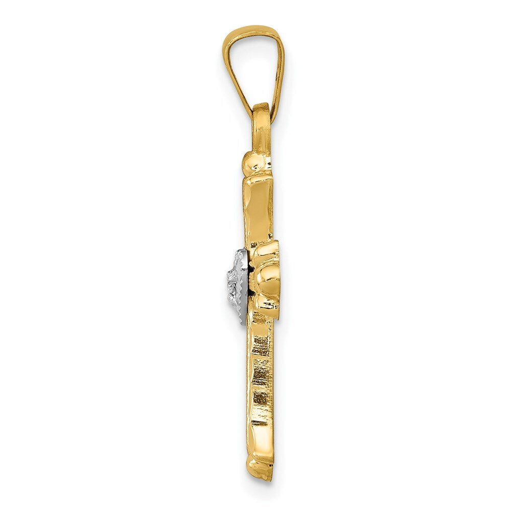 14k Yellow Gold Rhodium Diamond Fleur De Lis Cross Pendant for Women
