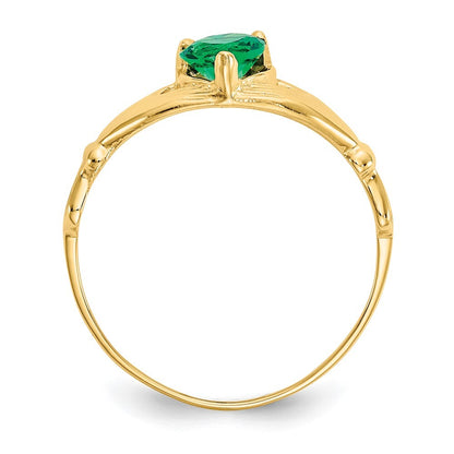 14K Yellow Gold CZ May Birthstone Claddagh Heart Ring