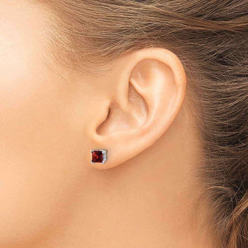 14k White Gold Square Garnet Stud Earrings Gift for Women