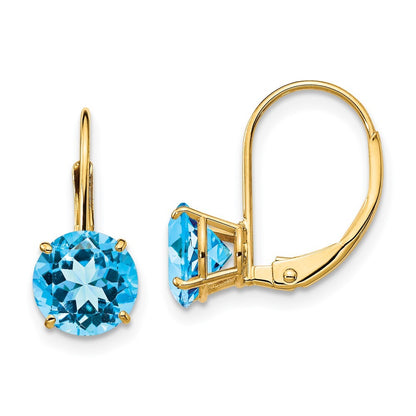 14k Yellow Gold 7mm Blue Topaz Dangle Earrings Leverback Gift for Women