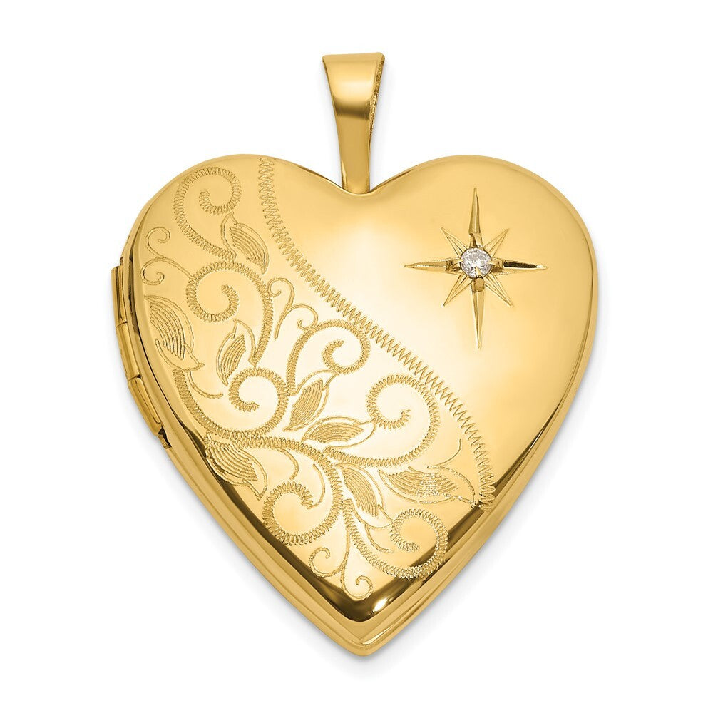 14k Yellow Gold 20mm Polished Diamond Heart Locket Pendant for Women