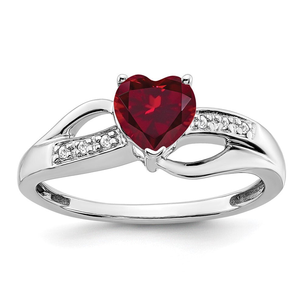 14k White Gold Created Ruby and Diamond Heart Ring Size 7