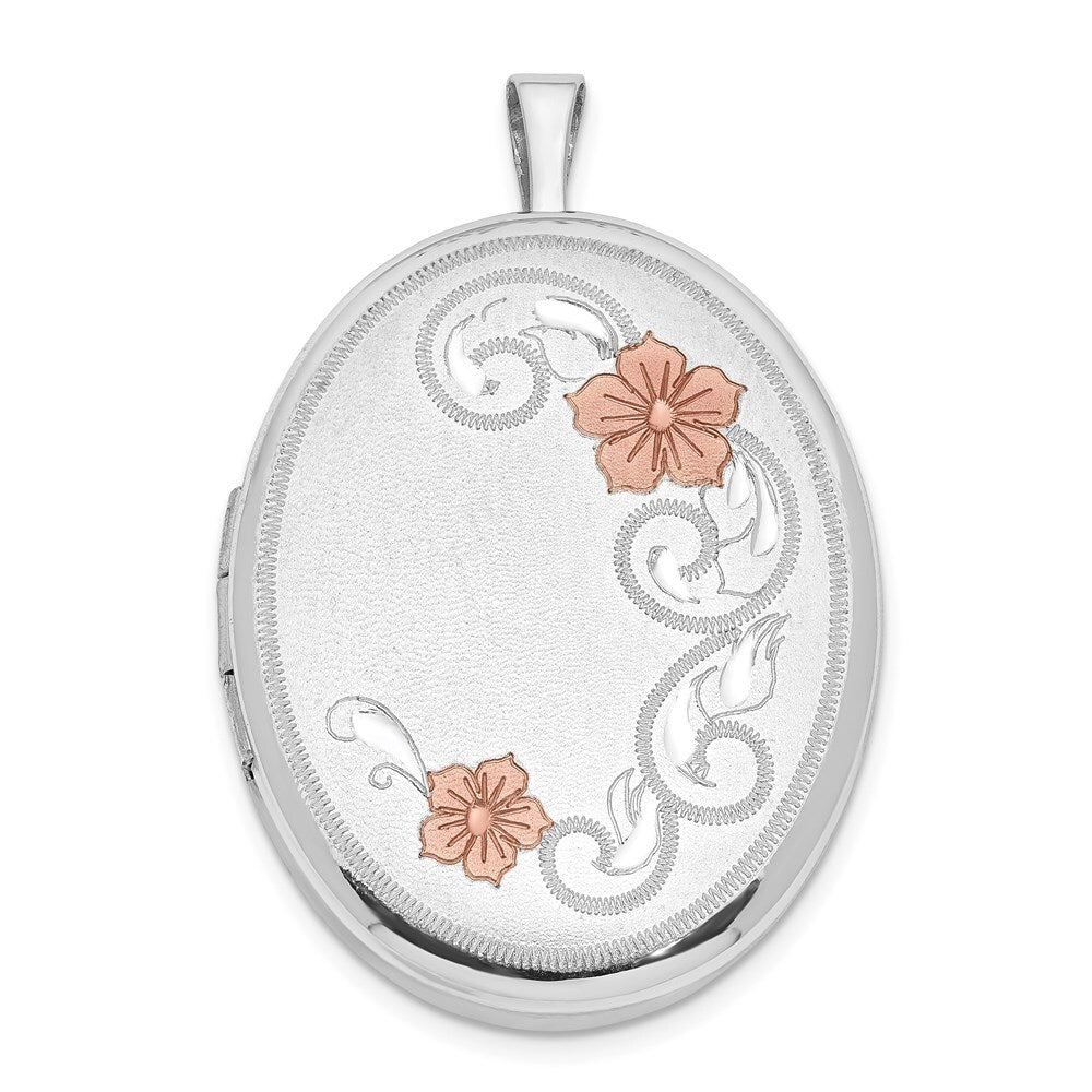 Sterling Silver RH 26mm Satin / Polished Enameled Flower Diamond-cut Oval Locket