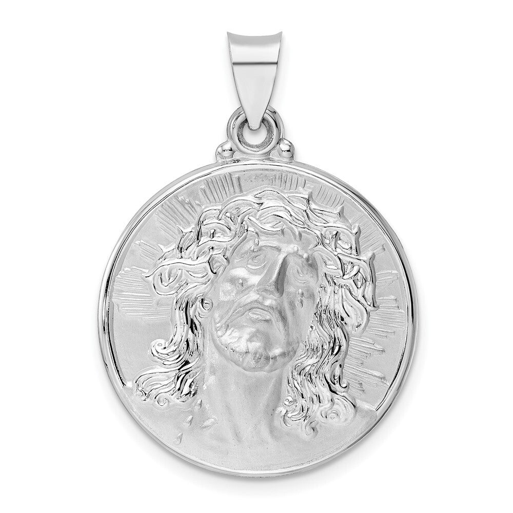 14k White Gold Polished and Satin Hollow Jesus Face Disc Pendant for Women