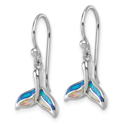 Sterling Silver Polished Lab Created Opal Whale Tail Dangle Earrings