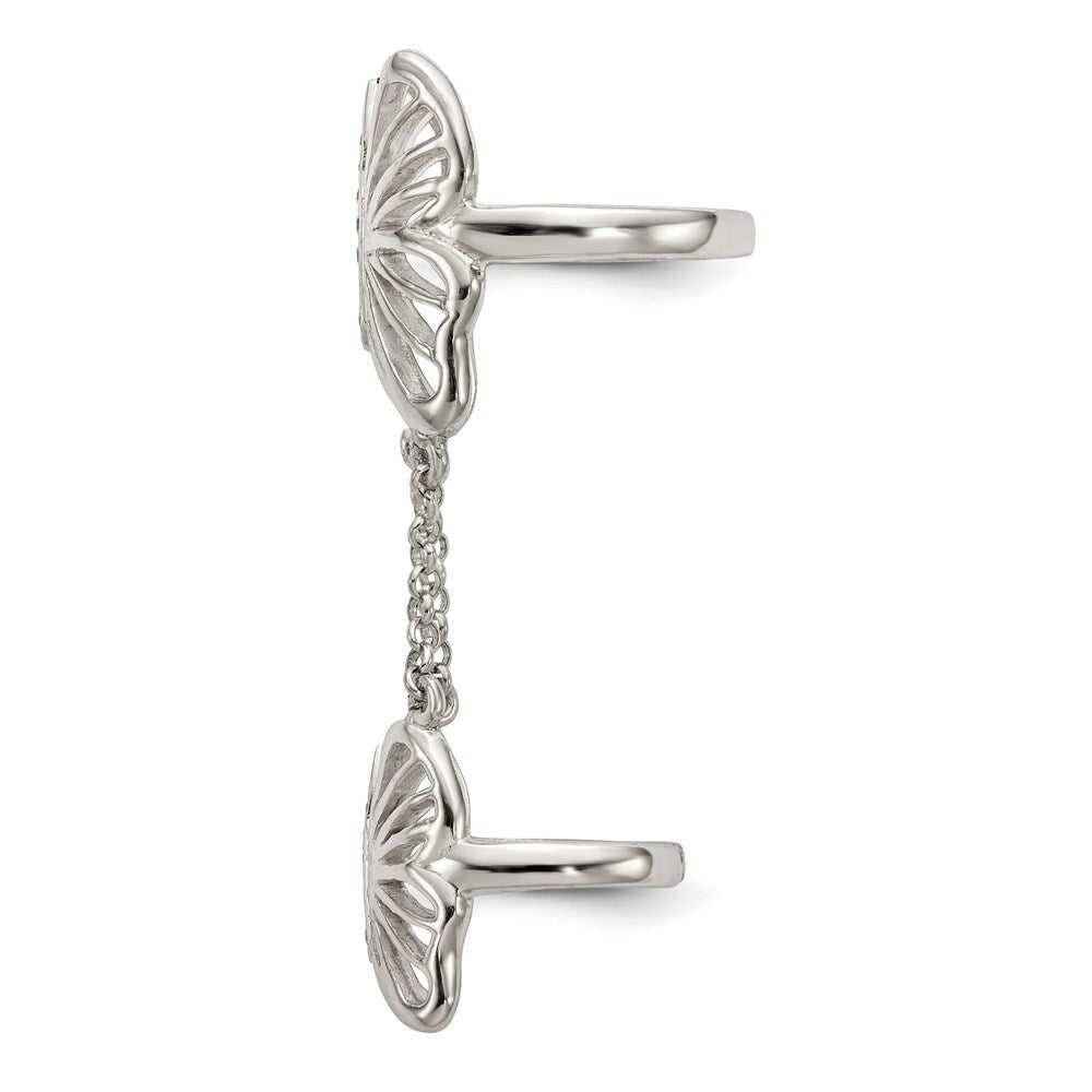 Sterling Silver Polished Cubic Zirconia Butterfly Double Finger Ring Size 7