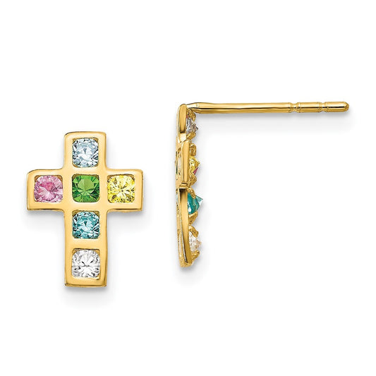 14k Yellow Gold Multi-colored Cubic Zirconia Cross Stud Earrings Gift for Women