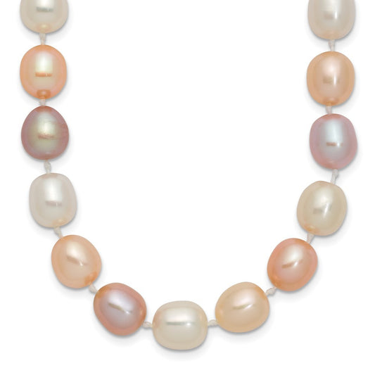 14k Yellow Gold 8mm Pink, Purple & White Color Rice Cultured Pearl Necklace 18"