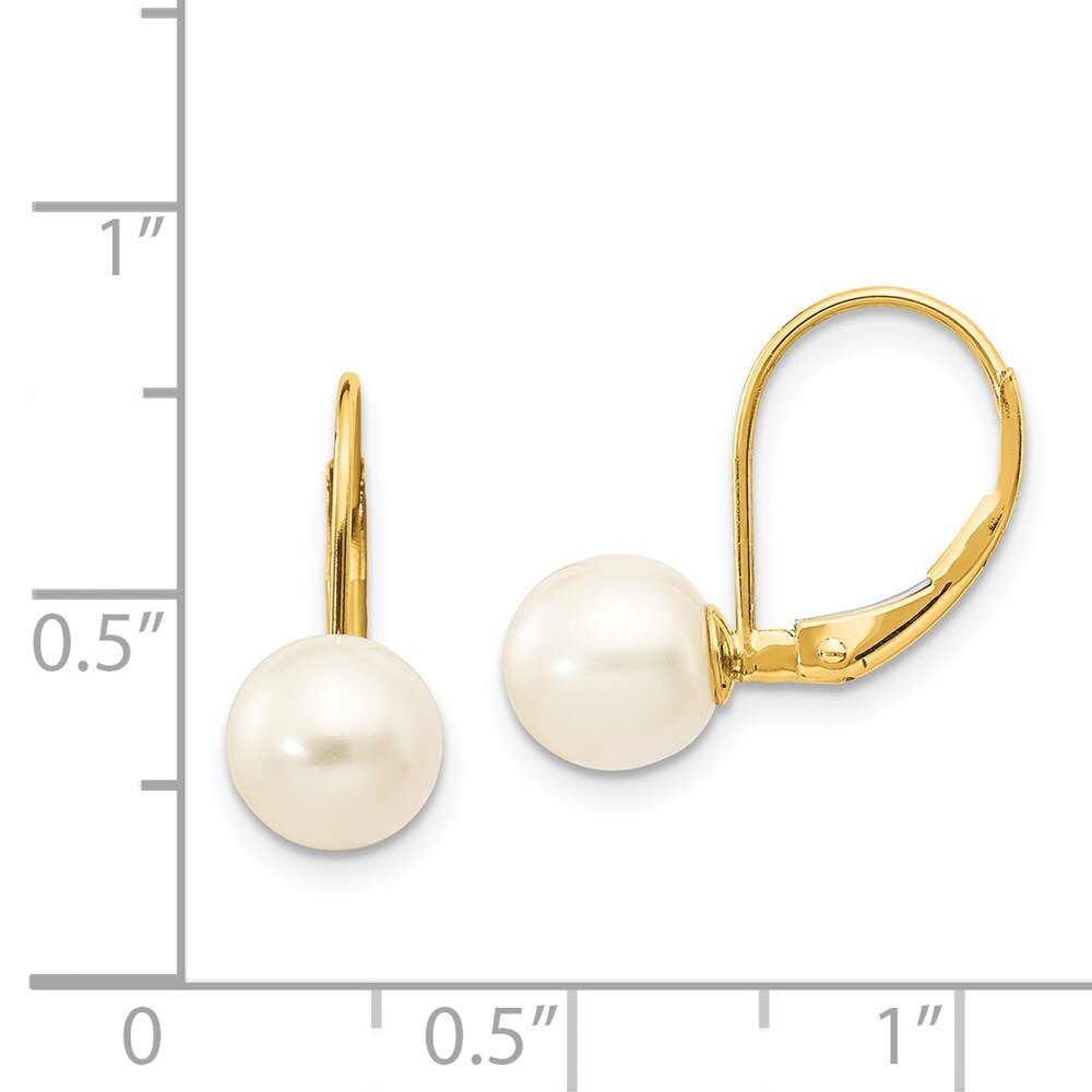 14k Yellow Gold 7-8mm White Round Freshwater Cultured Pearl Leverback Earrings