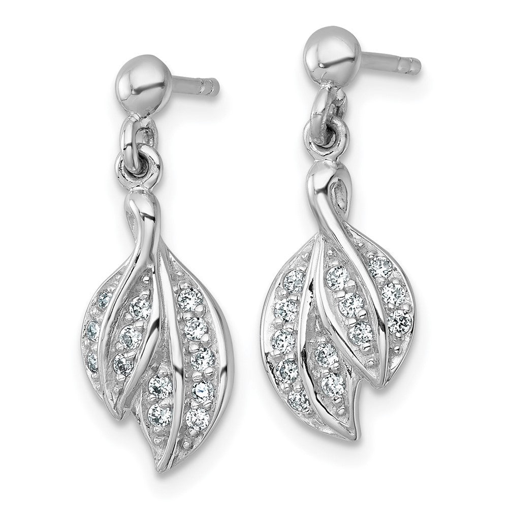 Sterling Silver Rhodium-plated Polished CZ Leaf Dangle Earrings