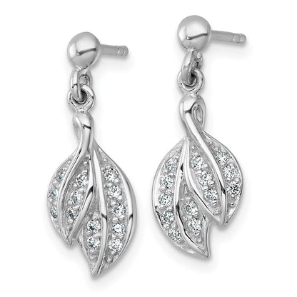 Sterling Silver Rhodium-plated Polished CZ Leaf Dangle Earrings