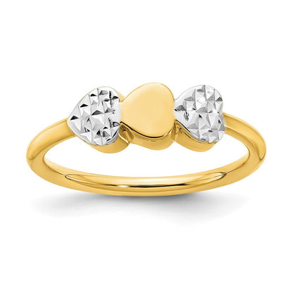 14K Yellow Gold & White Rhodium Diamond-Cut Hearts Ring Size 7