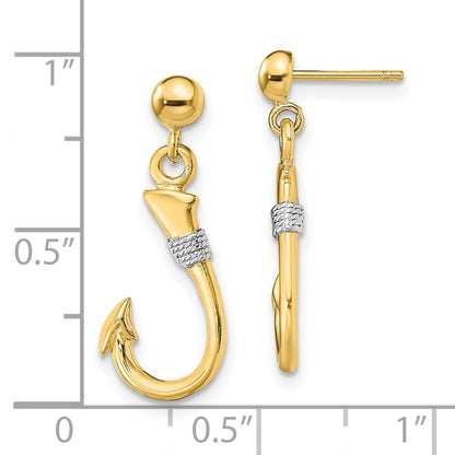 14k Yellow Gold w/Rhodium 3-D Fish Hook W/ Rope Dangle Earrings