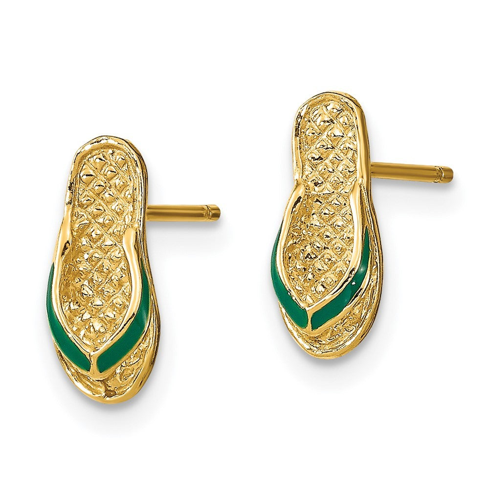 14k Yellow Gold  3D W/ Green Enamel Flip-Flop Earrings