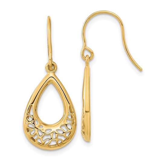 14k Yellow Gold Polished Floral Teardrop Drop Dangle Earrings w/ Shepherd Hook