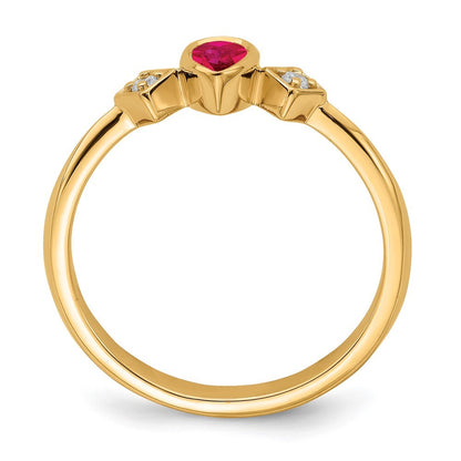 14K Yellow Gold Pear Bezel Ruby and Diamond Ring Size 7